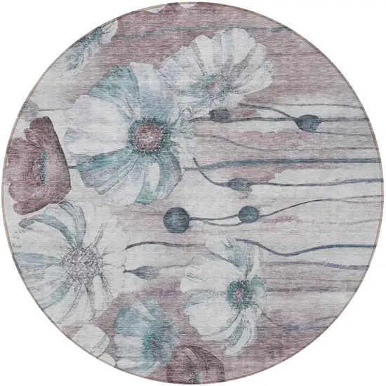 8' Teal Blue Aqua And Ivory Round Floral Washable Indoor Outdoor Area Rug Photo 5