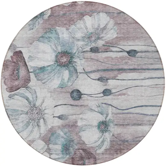 8' Teal Blue Aqua And Ivory Round Floral Washable Indoor Outdoor Area Rug Photo 5