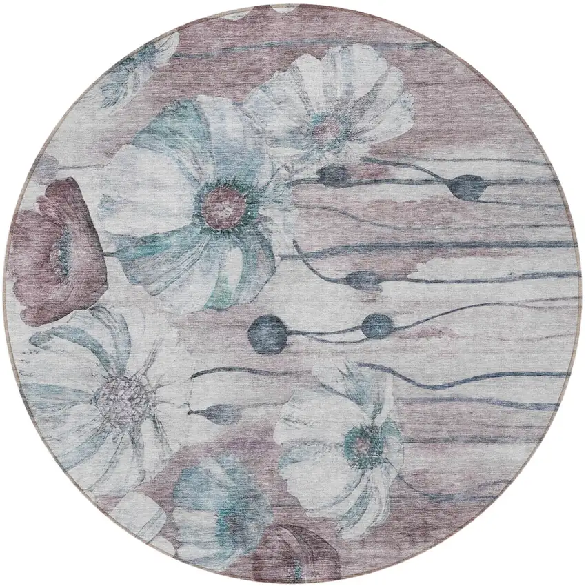 8' Teal Blue Aqua And Ivory Round Floral Washable Indoor Outdoor Area Rug Photo 5