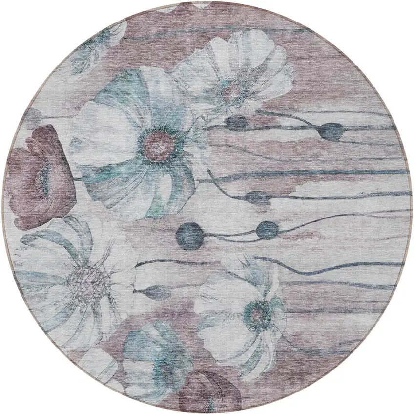8' Teal Blue Aqua And Ivory Round Floral Washable Indoor Outdoor Area Rug Photo 5