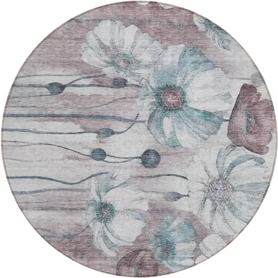8' Teal Blue Aqua And Ivory Round Floral Washable Indoor Outdoor Area Rug Photo 2