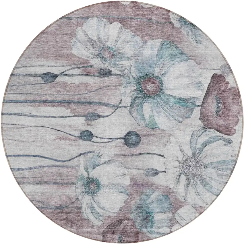 8' Teal Blue Aqua And Ivory Round Floral Washable Indoor Outdoor Area Rug Photo 2