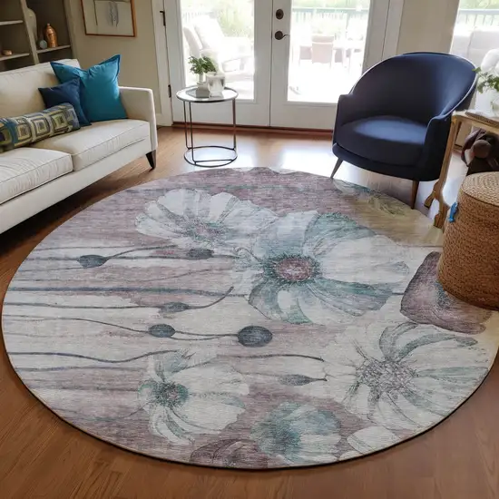 8' Teal Blue Aqua And Ivory Round Floral Washable Indoor Outdoor Area Rug Photo 7