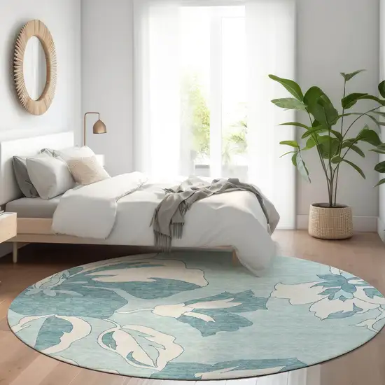 8' Teal Blue Aqua And Ivory Round Floral Washable Indoor Outdoor Area Rug Photo 8