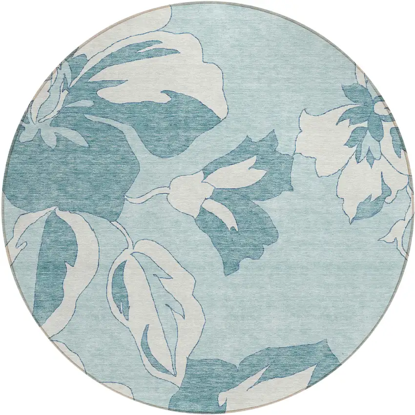 8' Teal Blue Aqua And Ivory Round Floral Washable Indoor Outdoor Area Rug Photo 2