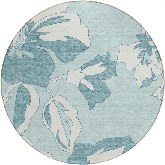 8' Teal Blue Aqua And Ivory Round Floral Washable Indoor Outdoor Area Rug Photo 2