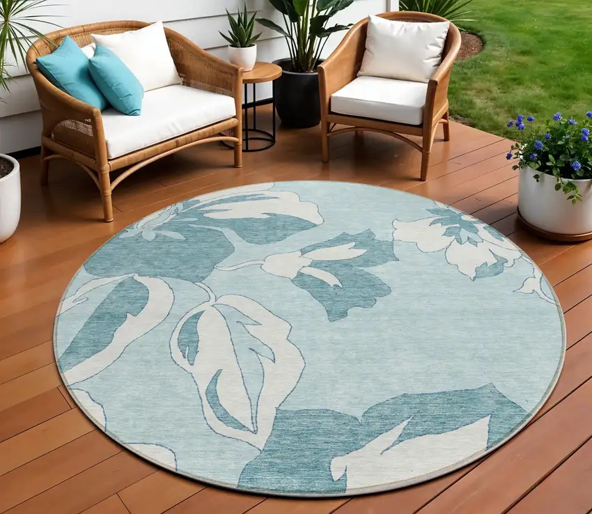 8' Teal Blue Aqua And Ivory Round Floral Washable Indoor Outdoor Area Rug Photo 1