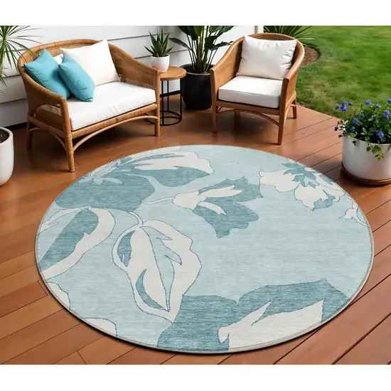 8' Teal Blue Aqua And Ivory Round Floral Washable Indoor Outdoor Area Rug Photo 1
