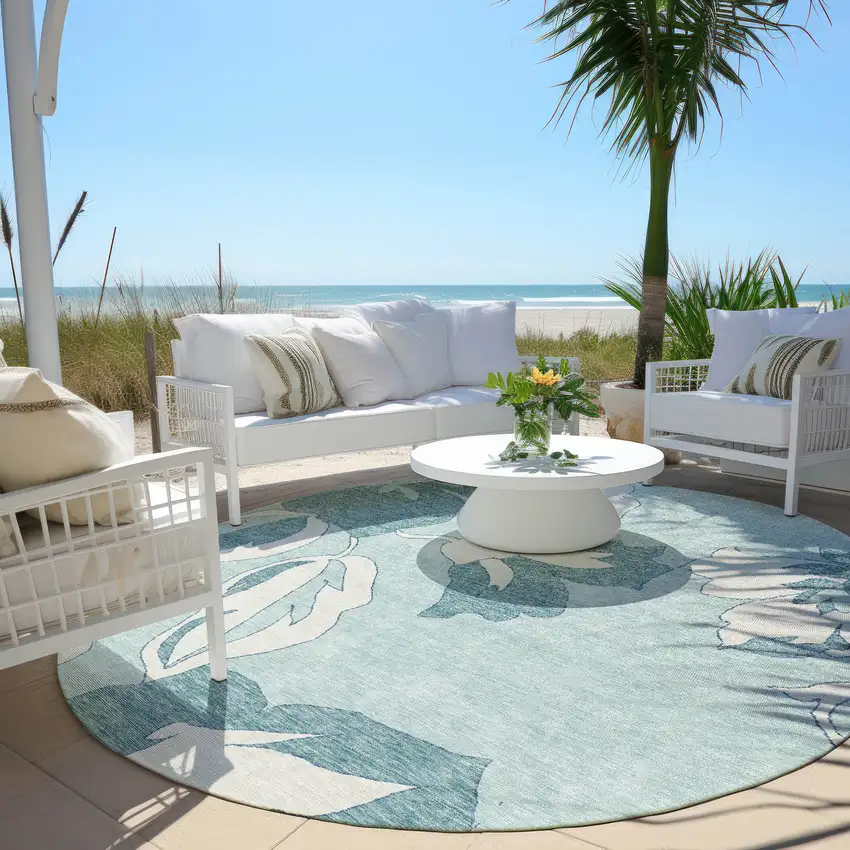 8' Teal Blue Aqua And Ivory Round Floral Washable Indoor Outdoor Area Rug Photo 7