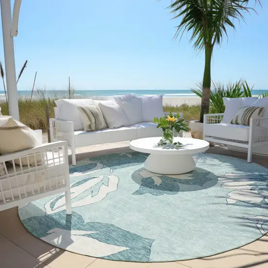 8' Teal Blue Aqua And Ivory Round Floral Washable Indoor Outdoor Area Rug Photo 7