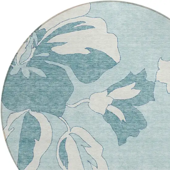 8' Teal Blue Aqua And Ivory Round Floral Washable Indoor Outdoor Area Rug Photo 5