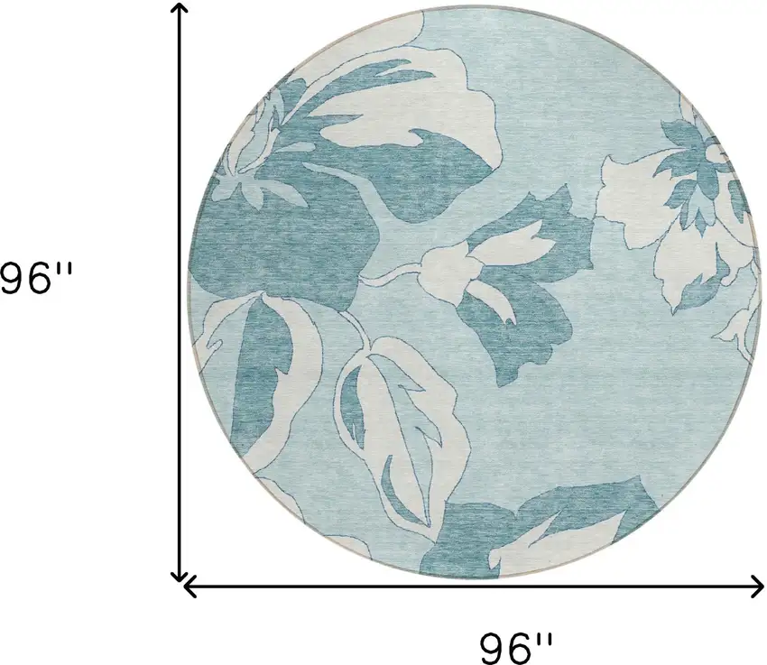 8' Teal Blue Aqua And Ivory Round Floral Washable Indoor Outdoor Area Rug Photo 3