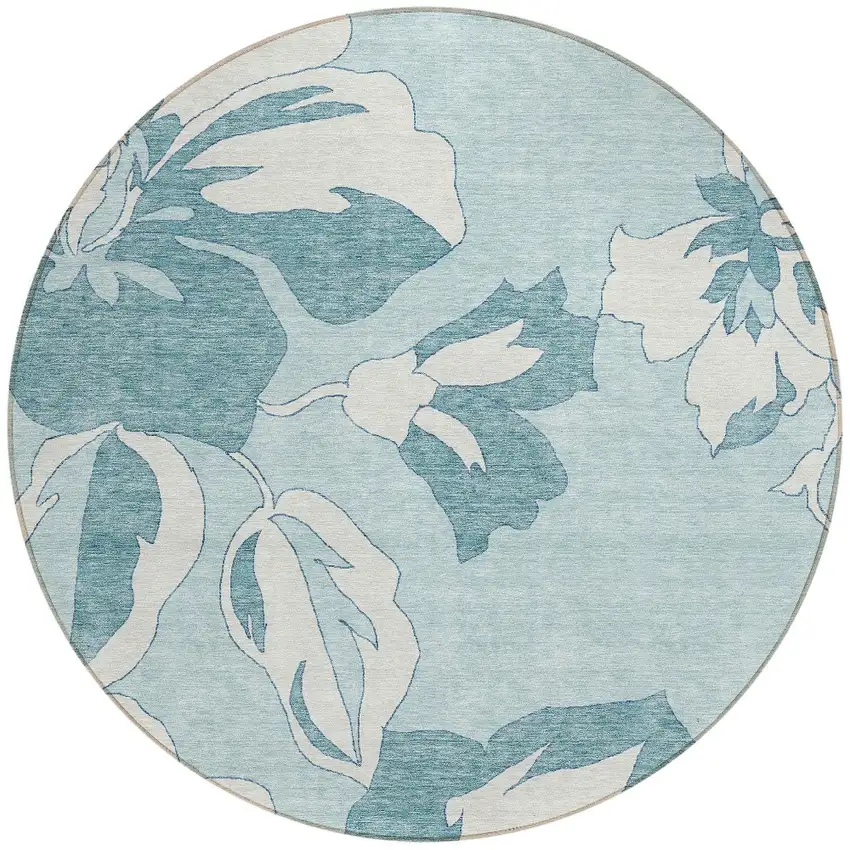 8' Teal Blue Aqua And Ivory Round Floral Washable Indoor Outdoor Area Rug Photo 6