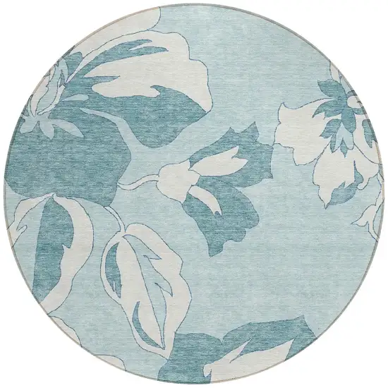 8' Teal Blue Aqua And Ivory Round Floral Washable Indoor Outdoor Area Rug Photo 6