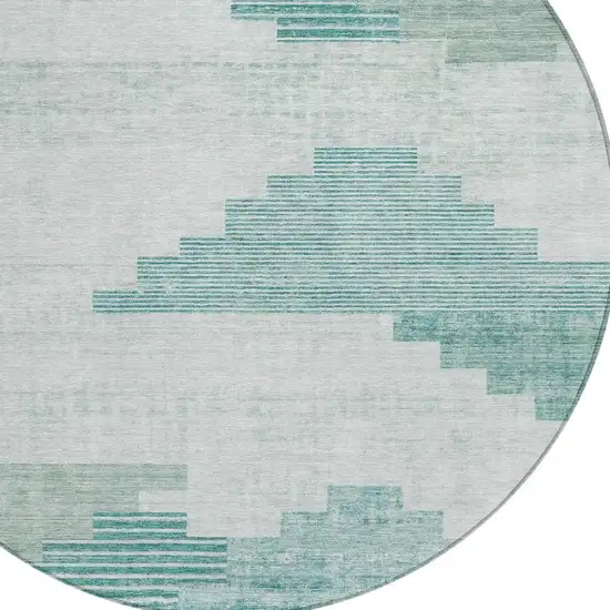 8' Teal Blue Aqua And Ivory Round Geometric Washable Indoor Outdoor Area Rug Photo 4