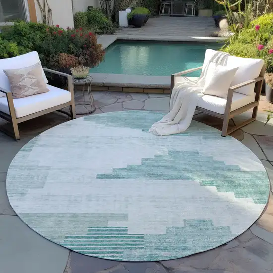 8' Teal Blue Aqua And Ivory Round Geometric Washable Indoor Outdoor Area Rug Photo 5