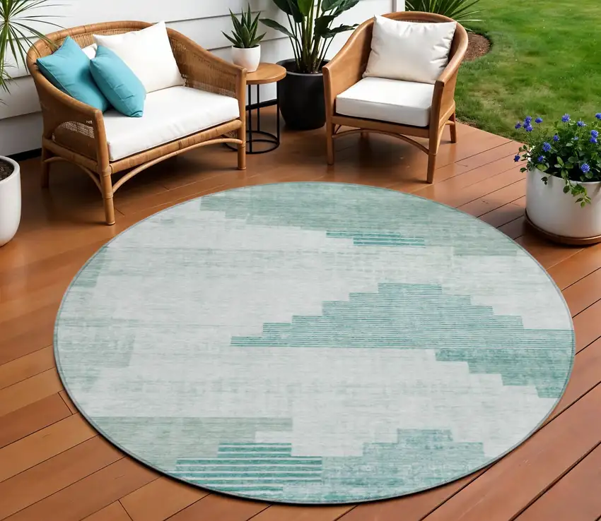 8' Teal Blue Aqua And Ivory Round Geometric Washable Indoor Outdoor Area Rug Photo 2