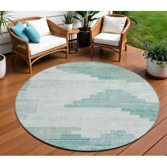 8' Teal Blue Aqua And Ivory Round Geometric Washable Indoor Outdoor Area Rug Photo 2