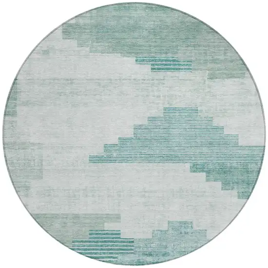 8' Teal Blue Aqua And Ivory Round Geometric Washable Indoor Outdoor Area Rug Photo 3
