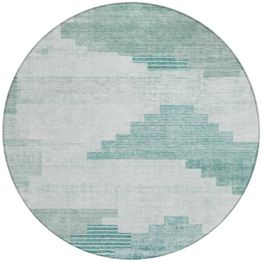 8' Teal Blue Aqua And Ivory Round Geometric Washable Indoor Outdoor Area Rug Photo 3