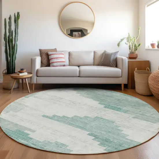 8' Teal Blue Aqua And Ivory Round Geometric Washable Indoor Outdoor Area Rug Photo 6
