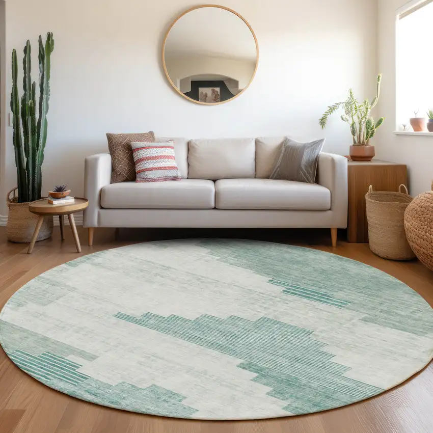 8' Teal Blue Aqua And Ivory Round Geometric Washable Indoor Outdoor Area Rug Photo 6