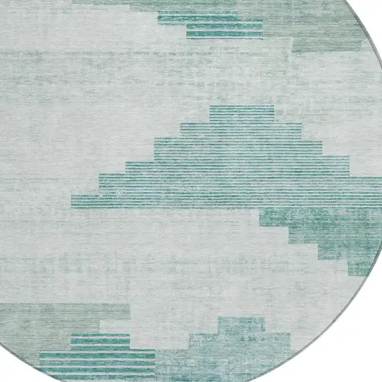 8' Teal Blue Aqua And Ivory Round Geometric Washable Indoor Outdoor Area Rug Photo 8