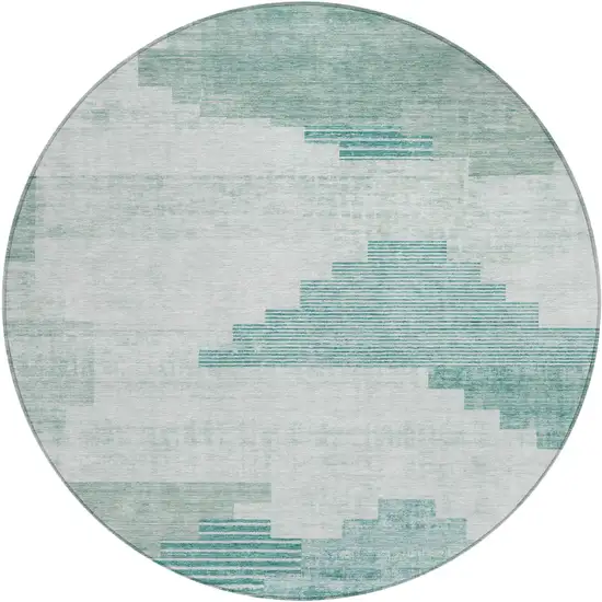 8' Teal Blue Aqua And Ivory Round Geometric Washable Indoor Outdoor Area Rug Photo 1