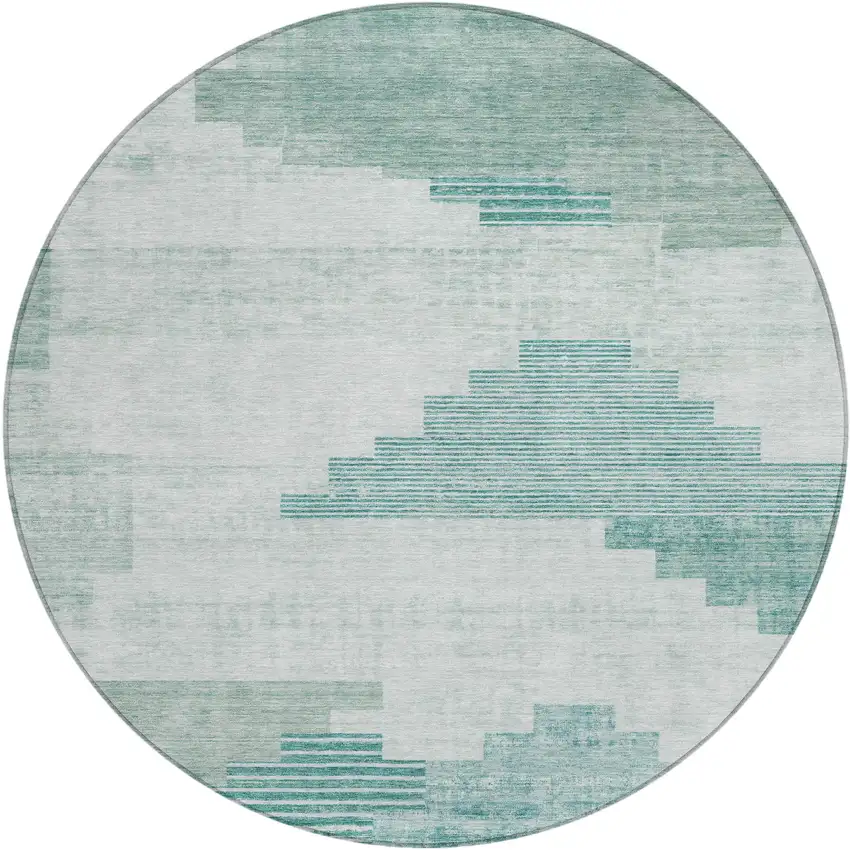 8' Teal Blue Aqua And Ivory Round Geometric Washable Indoor Outdoor Area Rug Photo 1