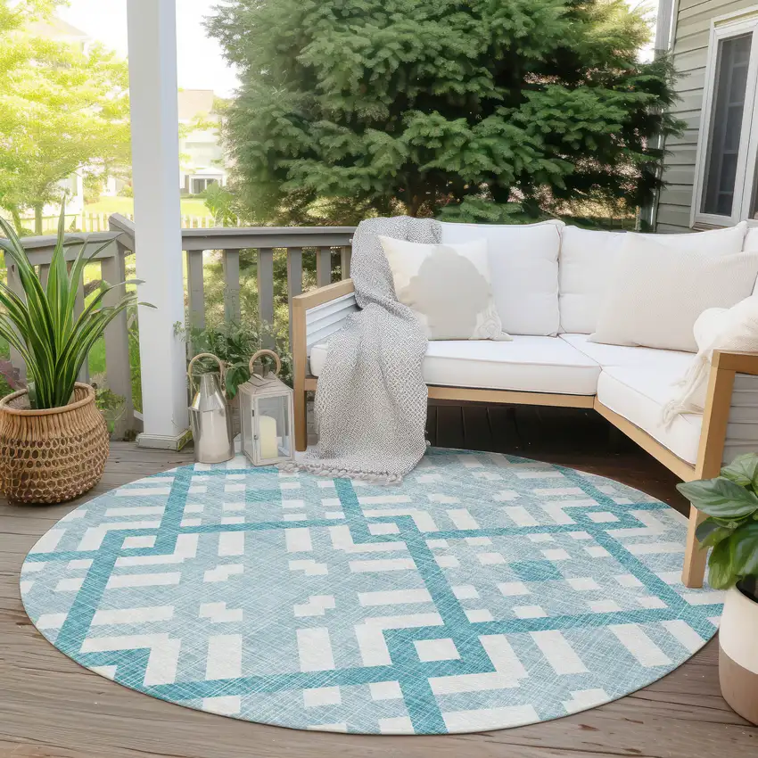 8' Teal Blue Aqua And Ivory Round Geometric Washable Indoor Outdoor Area Rug Photo 5