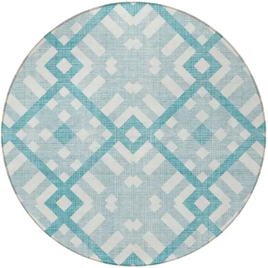 8' Teal Blue Aqua And Ivory Round Geometric Washable Indoor Outdoor Area Rug Photo 4