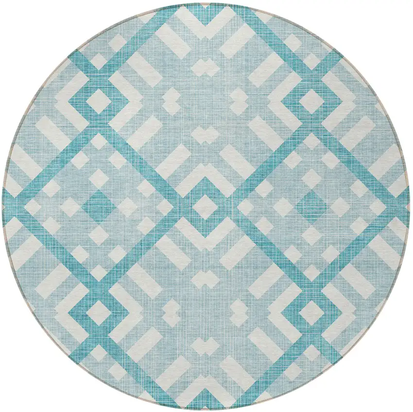 8' Teal Blue Aqua And Ivory Round Geometric Washable Indoor Outdoor Area Rug Photo 4