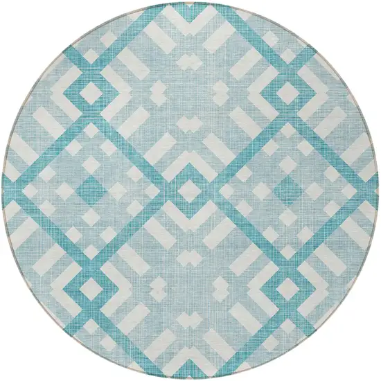 8' Teal Blue Aqua And Ivory Round Geometric Washable Indoor Outdoor Area Rug Photo 4