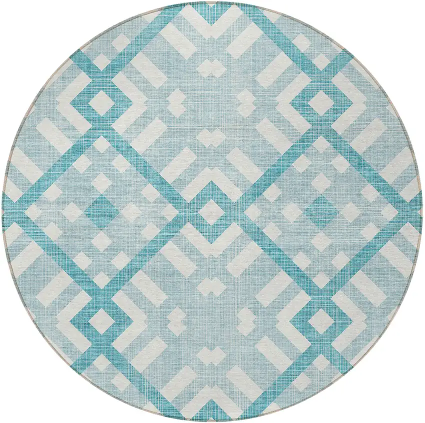 8' Teal Blue Aqua And Ivory Round Geometric Washable Indoor Outdoor Area Rug Photo 4