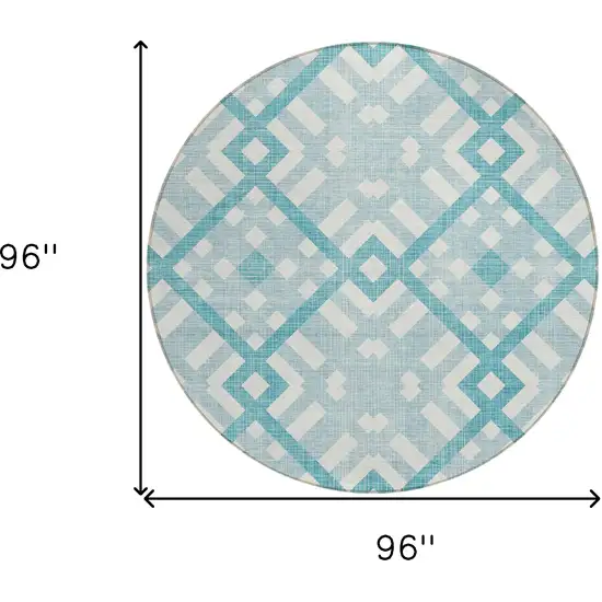 8' Teal Blue Aqua And Ivory Round Geometric Washable Indoor Outdoor Area Rug Photo 3