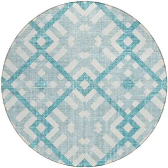 8' Teal Blue Aqua And Ivory Round Geometric Washable Indoor Outdoor Area Rug Photo 2