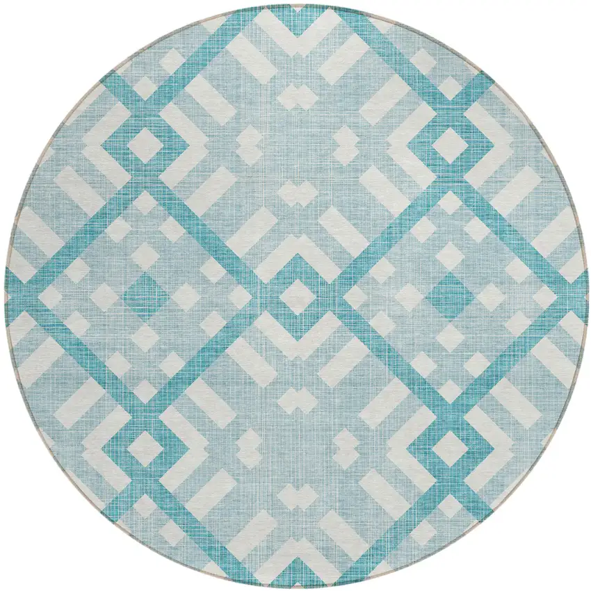 8' Teal Blue Aqua And Ivory Round Geometric Washable Indoor Outdoor Area Rug Photo 2