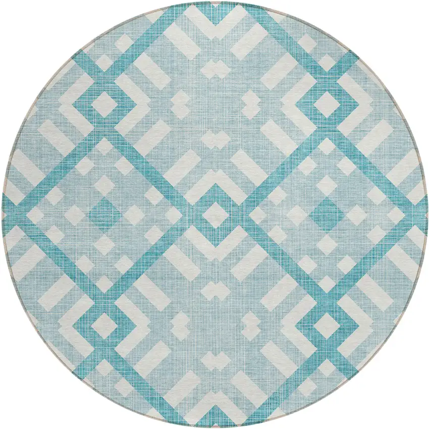 8' Teal Blue Aqua And Ivory Round Geometric Washable Indoor Outdoor Area Rug Photo 2