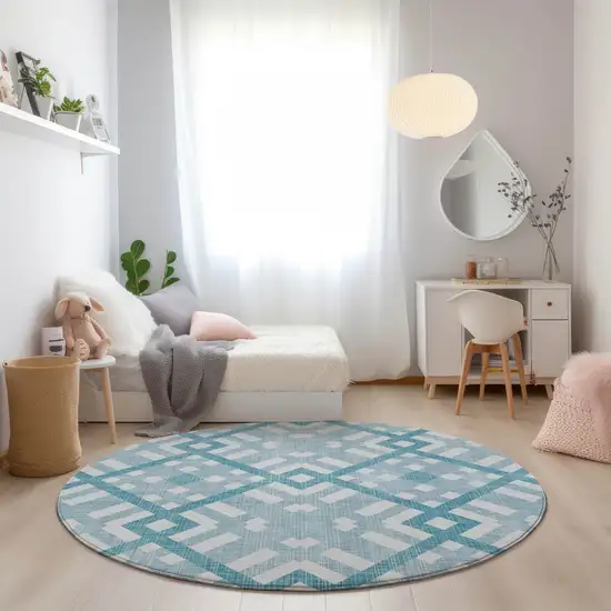 8' Teal Blue Aqua And Ivory Round Geometric Washable Indoor Outdoor Area Rug Photo 6