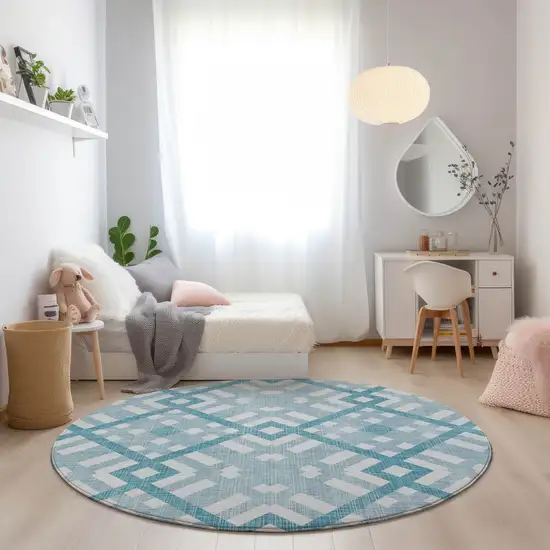 8' Teal Blue Aqua And Ivory Round Geometric Washable Indoor Outdoor Area Rug Photo 6