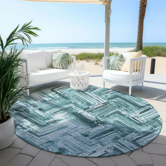 8' Teal Blue Aqua And Ivory Round Geometric Washable Indoor Outdoor Area Rug Photo 6