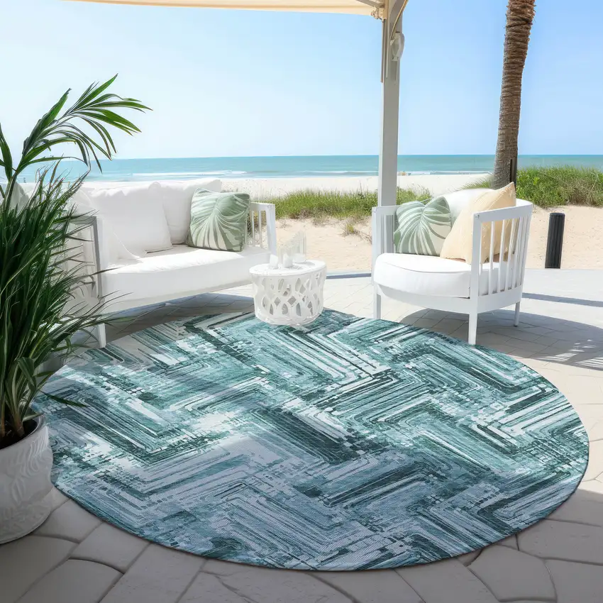 8' Teal Blue Aqua And Ivory Round Geometric Washable Indoor Outdoor Area Rug Photo 6