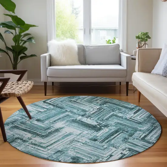 8' Teal Blue Aqua And Ivory Round Geometric Washable Indoor Outdoor Area Rug Photo 7