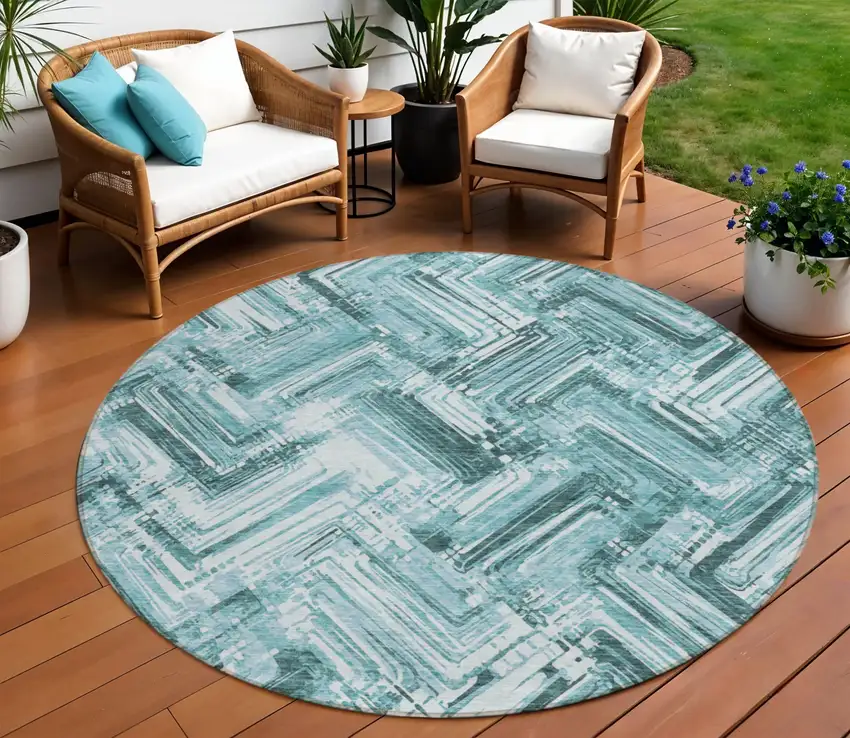 8' Teal Blue Aqua And Ivory Round Geometric Washable Indoor Outdoor Area Rug Photo 1