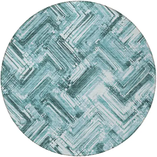 8' Teal Blue Aqua And Ivory Round Geometric Washable Indoor Outdoor Area Rug Photo 5