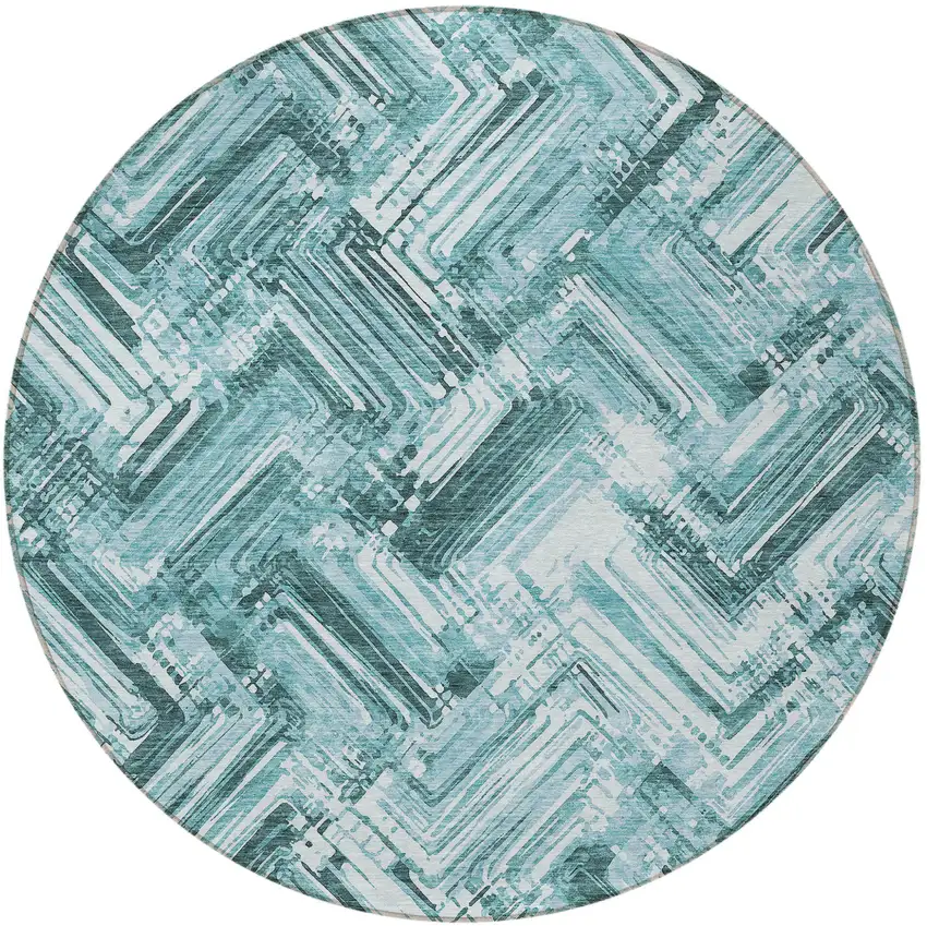 8' Teal Blue Aqua And Ivory Round Geometric Washable Indoor Outdoor Area Rug Photo 5