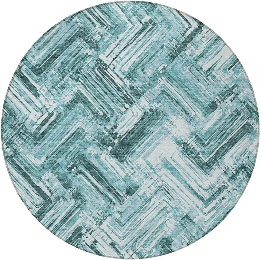 8' Teal Blue Aqua And Ivory Round Geometric Washable Indoor Outdoor Area Rug Photo 5