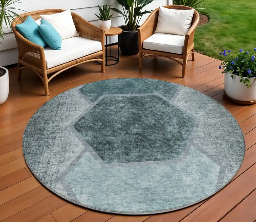 8' Teal Blue Aqua And Ivory Round Geometric Washable Indoor Outdoor Area Rug Photo 1
