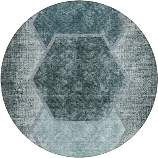 8' Teal Blue Aqua And Ivory Round Geometric Washable Indoor Outdoor Area Rug Photo 2