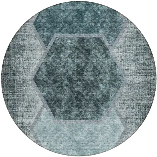 8' Teal Blue Aqua And Ivory Round Geometric Washable Indoor Outdoor Area Rug Photo 2